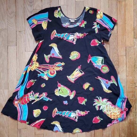Vintage 90s Tropical Drinks Trapeze Swing Short Sleeve Mini Dress Colorful - Picture 5 of 14